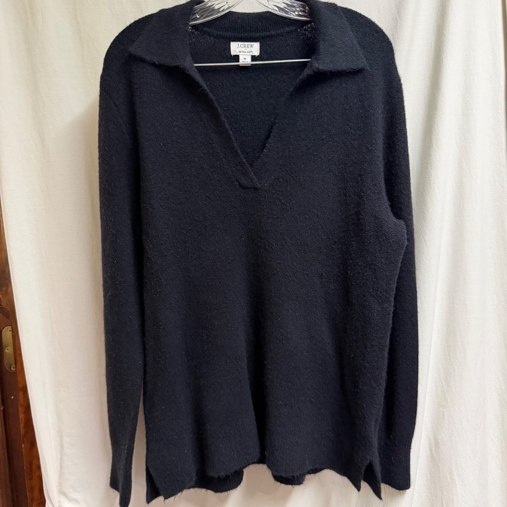 J.Crew Extra-Soft Black Polo Sweater V-Neck Collared Knit Top Medium Classic